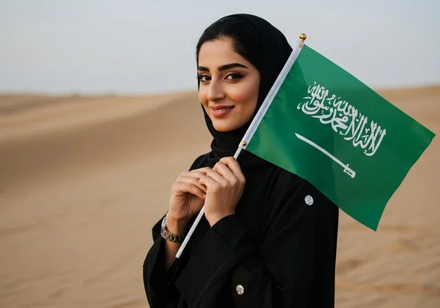 استذكار اليوم الوطني السعودي 23 سبتمبر، يوم العلم 11 مارس، الاحتفال بالأعياد والمناسبات الوطنية، رفع راية التوحيد والإسلام، امرأة عربية خليجية سعودية محجبة تحمل بيدها علم السعودية الاخضر تقف في الصحراء، الفخر و الاعتزاز بالانتماء للوطن