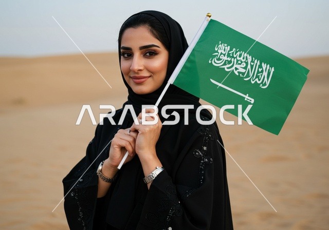 استذكار اليوم الوطني السعودي 23 سبتمبر، يوم العلم 11 مارس، الاحتفال بالأعياد والمناسبات الوطنية، رفع راية التوحيد والإسلام، امرأة عربية خليجية سعودية محجبة تحمل بيدها علم السعودية الاخضر تقف في الصحراء، الفخر و الاعتزاز بالانتماء للوطن