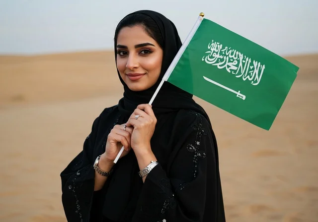 استذكار اليوم الوطني السعودي 23 سبتمبر، يوم العلم 11 مارس، الاحتفال بالأعياد والمناسبات الوطنية، رفع راية التوحيد والإسلام، امرأة عربية خليجية سعودية محجبة تحمل بيدها علم السعودية الاخضر تقف في الصحراء، الفخر و الاعتزاز بالانتماء للوطن