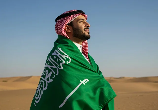 Pride and honor in national identity, a Saudi Arabian Gulf Arab man wearing traditional attire and a ghutrah stands in the desert holding the flag of the Kingdom of Saudi Arabia, commemorating Saudi National Day on March 23, Saudi Flag Day on March 11, love for the homeland and belonging to it.