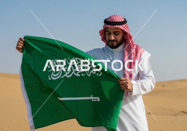 الفخر والاعتزاز بالهوية الوطنية، رجل عربي خليجي سعودي يرتدي الثوب التقليدي والشماغ يقف في الصحراء يحمل علم المملكة العربية السعودية، ذكرى العيد الوطني السعودي 23 مارس، يوم العلم السعودي 11 مارس، حب الوطن والانتماء إليه