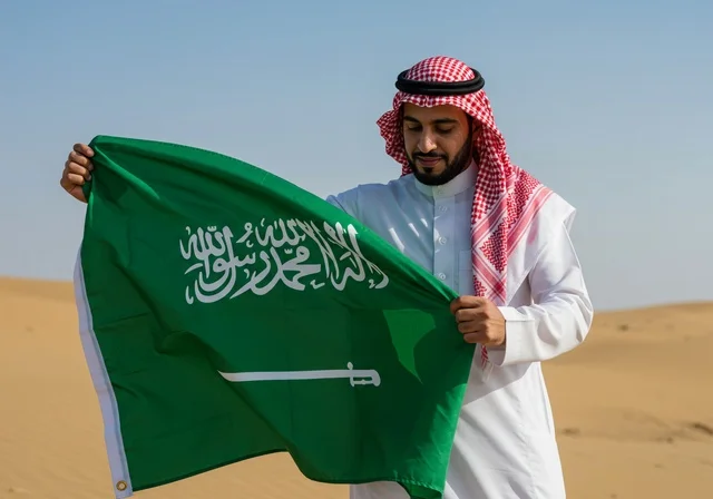 الفخر والاعتزاز بالهوية الوطنية، رجل عربي خليجي سعودي يرتدي الثوب التقليدي والشماغ يقف في الصحراء يحمل علم المملكة العربية السعودية، ذكرى العيد الوطني السعودي 23 مارس، يوم العلم السعودي 11 مارس، حب الوطن والانتماء إليه
