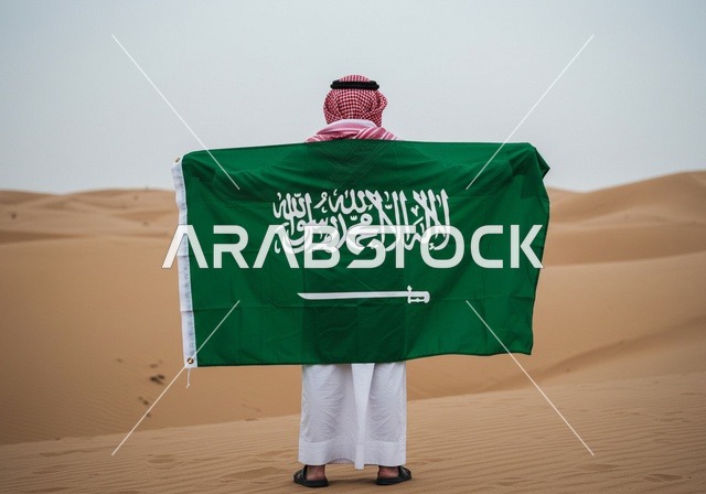 الفخر والاعتزاز بالهوية الوطنية، صورة من الخلف لرجل عربي خليجي سعودي يرتدي الثوب التقليدي والشماغ يقف باستقامة يحمل علم المملكة العربية السعودية، ذكرى العيد الوطني السعودي 23 مارس، يوم العلم السعودي 11 مارس، حب الوطن والانتماء إليه