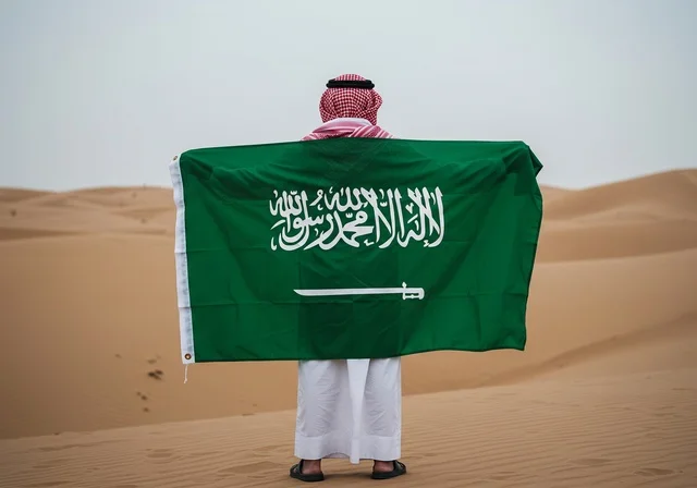 الفخر والاعتزاز بالهوية الوطنية، صورة من الخلف لرجل عربي خليجي سعودي يرتدي الثوب التقليدي والشماغ يقف باستقامة يحمل علم المملكة العربية السعودية، ذكرى العيد الوطني السعودي 23 مارس، يوم العلم السعودي 11 مارس، حب الوطن والانتماء إليه