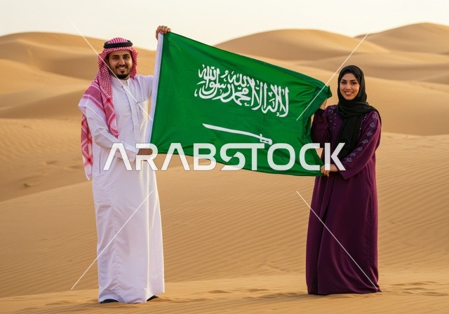 اليوم الوطني لتوحيد المملكة 23 سبتمبر، رجل عربي خليجي سعودي يقف بجانب زوجته ويحملان علم السعودية، حب الوطن والحفاظ على هوية البلاد، ذكرى العيد الوطني السعودي، يوم العلم 11 مارس، الوقوف وسط الصحراء