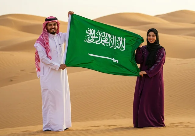 اليوم الوطني لتوحيد المملكة 23 سبتمبر، رجل عربي خليجي سعودي يقف بجانب زوجته ويحملان علم السعودية، حب الوطن والحفاظ على هوية البلاد، ذكرى العيد الوطني السعودي، يوم العلم 11 مارس، الوقوف وسط الصحراء