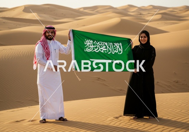 اليوم الوطني لتوحيد المملكة 23 سبتمبر، رجل عربي خليجي سعودي يقف بجانب زوجته ويحملان علم السعودية، حب الوطن والحفاظ على هوية البلاد، ذكرى العيد الوطني السعودي، يوم العلم 11 مارس، الوقوف وسط الصحراء