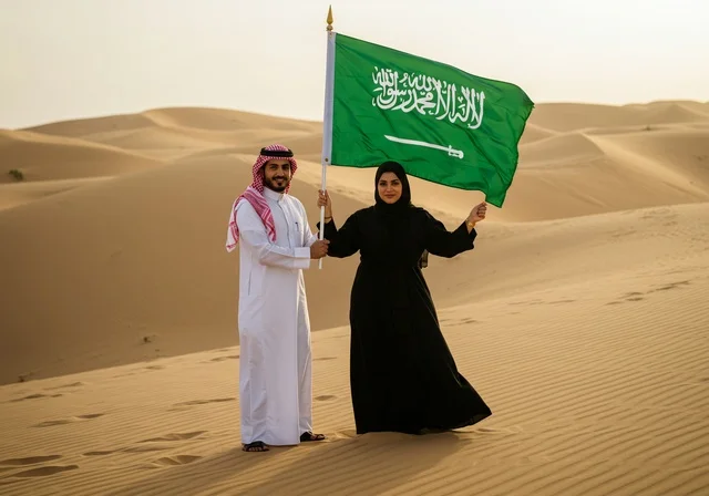 اليوم الوطني لتوحيد المملكة 23 سبتمبر، رجل عربي خليجي سعودي يقف بجانب زوجته ويحملان علم السعودية، حب الوطن والحفاظ على هوية البلاد، ذكرى العيد الوطني السعودي، يوم العلم 11 مارس، الوقوف وسط الصحراء