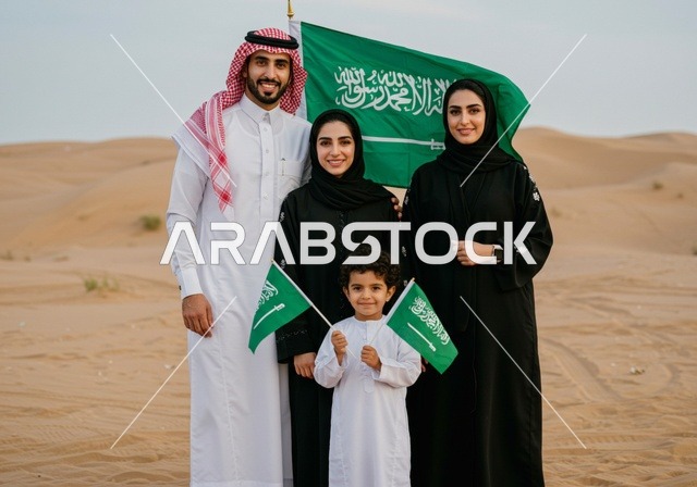 The National Day for the Unification of the Kingdom is September 23. A family of Gulf Arab Saudis wearing traditional attire holds the Saudi flag while standing in the desert, expressing love for the homeland and preserving the country's identity. It is the anniversary of the Saudi National Day, and Flag Day is on March 11.