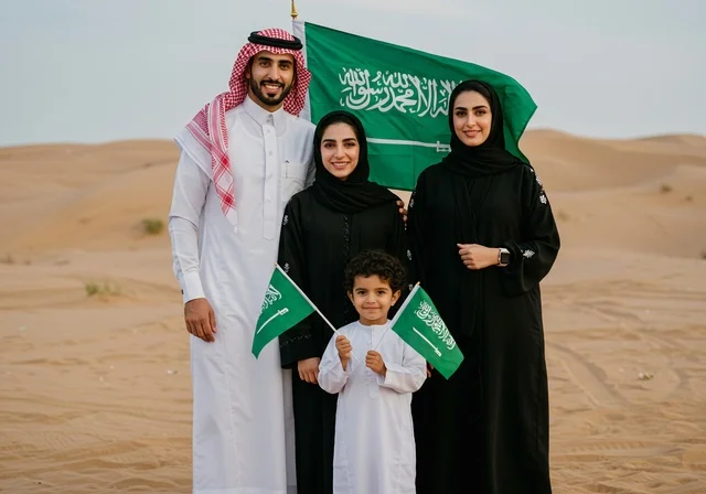 The National Day for the Unification of the Kingdom is September 23. A family of Gulf Arab Saudis wearing traditional attire holds the Saudi flag while standing in the desert, expressing love for the homeland and preserving the country's identity. It is the anniversary of the Saudi National Day, and Flag Day is on March 11.
