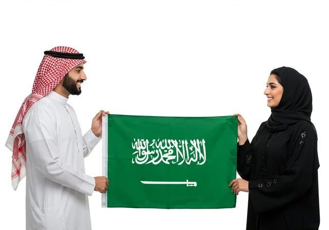 The National Day for the Unification of the Kingdom is September 23. An Arab Gulf Saudi man stands next to his wife, holding the Saudi flag, expressing love for the homeland and preserving the identity of the country. It is the anniversary of the Saudi National Day, and Flag Day is on March 11, with a white background.