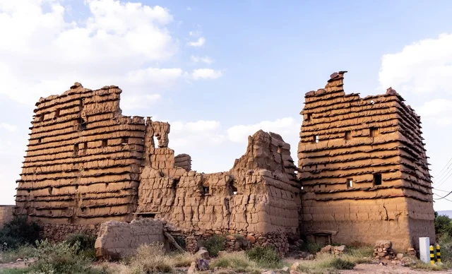 Famous landmarks and tourist attractions, tourism in ancient heritage villages, neighborhoods and traditional mud houses, ancient historical establishments in the village of Al-Batha in the Asir Province of the Kingdom of Saudi Arabia, Saudi civilization, authenticity, and heritage.