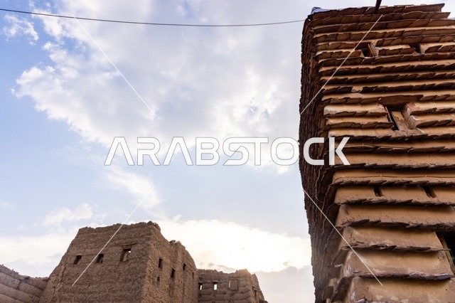 Famous landmarks and tourist attractions, tourism in ancient heritage villages, neighborhoods and traditional mud houses, ancient historical establishments in the village of Al-Batha in the Asir Province of the Kingdom of Saudi Arabia, Saudi civilization, authenticity, and heritage.