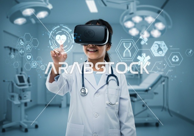 الشغف بالحصول على مهنة الطب منذ الصغر،الطموح في تحقيق الآمال والأمنيات، فتاة عربية خليجية سعودية مبتسمة ترتدي المعطف الأبيض وسماعة الطبيب تقف داخل عيادة طبية ترتدي نظارة ثلاثية الأبعاد، التقنيات المتطورة الحديثة، استخدام حاسة اللمس للنقر على عنصر ما