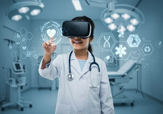 الشغف بالحصول على مهنة الطب منذ الصغر،الطموح في تحقيق الآمال والأمنيات، فتاة عربية خليجية سعودية مبتسمة ترتدي المعطف الأبيض وسماعة الطبيب تقف داخل عيادة طبية ترتدي نظارة ثلاثية الأبعاد، التقنيات المتطورة الحديثة، استخدام حاسة اللمس للنقر على عنصر ما