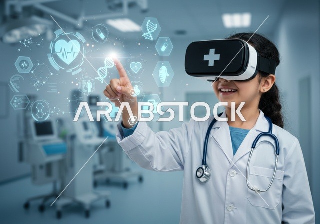 التزود بمعلومات طبية من خلال تقنيات حديثة، الطموح في تحقيق الآمال والأمنيات، فتاة عربية خليجية سعودية مبتسمة ترتدي المعطف الأبيض وسماعة الطبيب تقف داخل عيادة طبية ترتدي نظارة ثلاثية الأبعاد، التقنيات المتطورة الحديثة، استخدام حاسة اللمس للنقر على عنصر ما