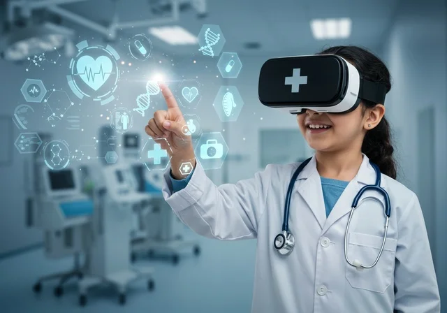 التزود بمعلومات طبية من خلال تقنيات حديثة، الطموح في تحقيق الآمال والأمنيات، فتاة عربية خليجية سعودية مبتسمة ترتدي المعطف الأبيض وسماعة الطبيب تقف داخل عيادة طبية ترتدي نظارة ثلاثية الأبعاد، التقنيات المتطورة الحديثة، استخدام حاسة اللمس للنقر على عنصر ما