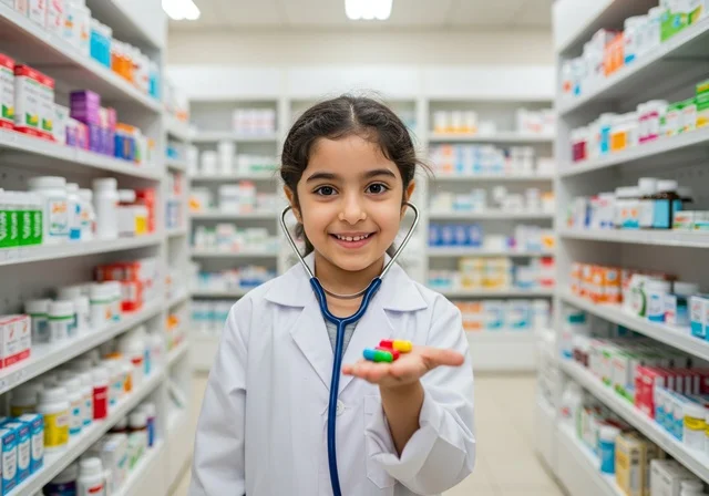 الطموح في تحقيق الآمال والأمنيات، الشغف بالحصول على مهنة الطب منذ الصغر،  فتاة عربية خليجية سعودية مبتسمة ترتدي المعطف الأبيض وسماعة الطبيب تقف داخل صيدلية تحمل بيدها أدوية ملونة، مخزون الأدوية والمستلزمات الطبية