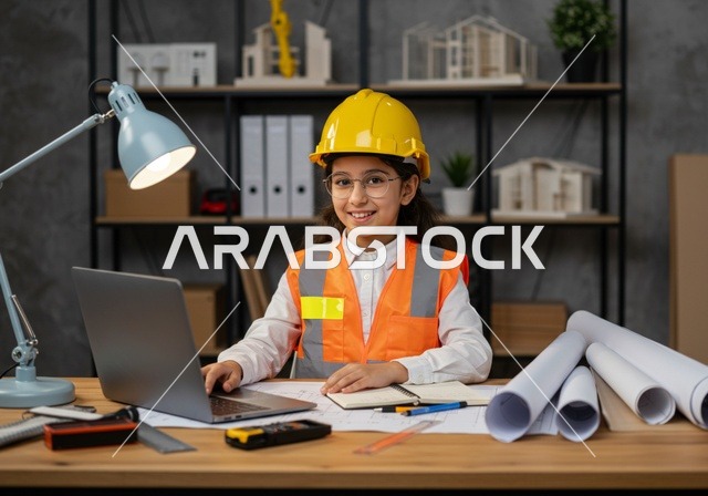 العمل على مكتب هندسي، مخططات الإعمار وأدوات القياس الهندسية، تجريب الأطفال للمهن المستقبلية منذ الصغر، تجسيد تجربة العمل في المجال الهندسي، فتاه عربية خليجية سعودية ترتدي سترة وخوذة الحماية تجلس على طاولة تنظر إلى الكاميرا بإيماءات السعادة