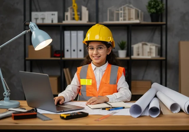 العمل على مكتب هندسي، مخططات الإعمار وأدوات القياس الهندسية، تجريب الأطفال للمهن المستقبلية منذ الصغر، تجسيد تجربة العمل في المجال الهندسي، فتاه عربية خليجية سعودية ترتدي سترة وخوذة الحماية تجلس على طاولة تنظر إلى الكاميرا بإيماءات السعادة