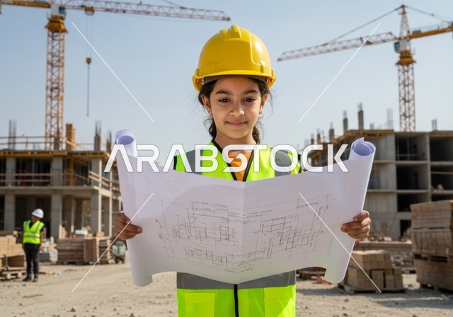 Holding construction plans and engineering measuring tools, allowing children to experiment with future professions from a young age, embodying the experience of working in the engineering field, a Saudi Gulf Arab girl wearing a vest and safety helmet sits at a table looking at the camera with gestures of happiness.