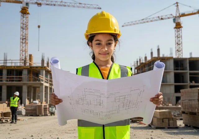 Holding construction plans and engineering measuring tools, allowing children to experiment with future professions from a young age, embodying the experience of working in the engineering field, a Saudi Gulf Arab girl wearing a vest and safety helmet sits at a table looking at the camera with gestures of happiness.
