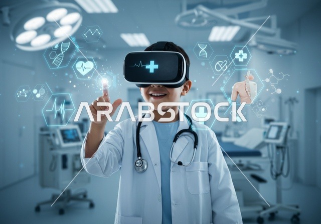 Modern advanced technologies, ambition to achieve hopes and wishes, a smiling Saudi Arabian Gulf boy wearing a white coat and a stethoscope standing inside a medical clinic wearing 3D glasses, passion to pursue a medical career since childhood, using the sense of touch to tap on a holographic element