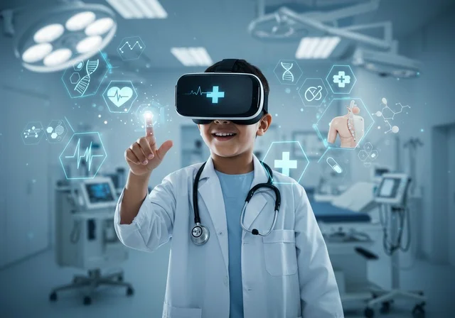 التقنيات المتطورة الحديثة،الطموح في تحقيق الآمال والأمنيات، ولد عربي خليجي سعودي مبتسم يرتدي المعطف الأبيض وسماعة الطبيب يقف داخل عيادة طبية يرتدي نظارة ثلاثية الأبعاد، الشغف بالحصول على مهنة الطب منذ الصغر، استخدام حاسة اللمس للنقر على عنصر هولوجرامي