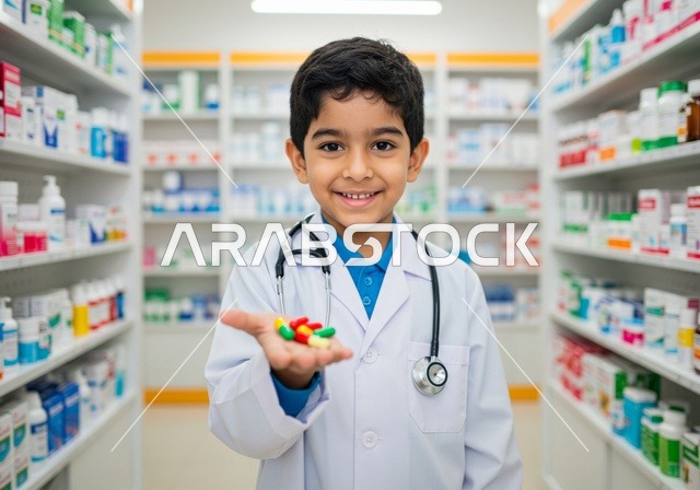 الشغف بالحصول على مهنة الصيدلة منذ الصغر، الطموح في تحقيق الآمال والأمنيات، ولد عربي خليجي سعودي مبتسم يرتدي المئزر الأبيض وسماعة الطبيب يقف داخل صيدلية يحمل بيده أدوية ملونة، مخزون الأدوية والمستلزمات الطبية، تقديم الرعاية الصحية والوصفات الطبية