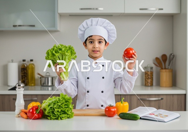 متابعة الخطوات اللازمة من كتاب وصفات الطهي الشهي, فن الطبخ وتحضير الطعام, ولد عربي خليجي سعودي يرتدي لباس الطباخ الكامل مع القبعة البيضاء يحمل بيده مكونات الوصفة, الوقوف داخل مطبخ أبيض، هوايات صغيرة مستقبل كبير