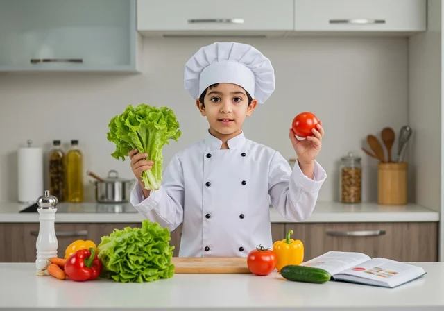 Following the necessary steps from the cookbook of delicious recipes, the art of cooking and food preparation, an Arab Gulf Saudi child wearing a complete chef's outfit with a white hat holds the ingredients of the recipe in his hand, standing inside a white kitchen, small hobbies, big future.