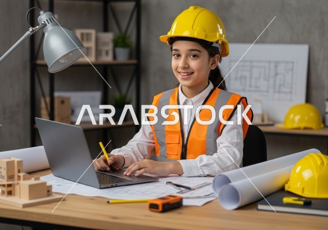 Working at an engineering office, construction plans and engineering measuring tools, exposing children to future professions from a young age, embodying the experience of working in the engineering field, a Gulf Arab Saudi girl wearing a vest and safety helmet sitting at a table looking at the camera with gestures of happiness.