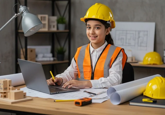 العمل على مكتب هندسي، مخططات الإعمار وأدوات القياس الهندسية، تجريب الأطفال للمهن المستقبلية منذ الصغر، تجسيد تجربة العمل في المجال الهندسي، فتاه عربية خليجية سعودية ترتدي سترة وخوذة الحماية تجلس على طاولة تنظر إلى الكاميرا بإيماءات السعادة