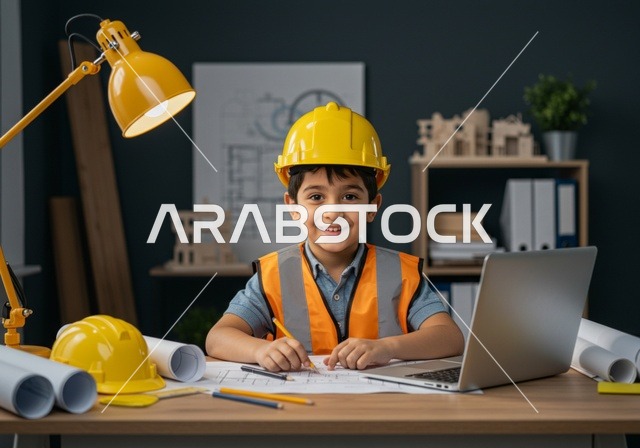 Working with modern technologies in an engineering office, construction plans and engineering measuring tools, allowing children to experience future professions from a young age, embodying the work experience in the engineering field, an Arab Gulf Saudi child wearing a vest and safety helmet sitting at a table looking at the camera with gestures of happiness.