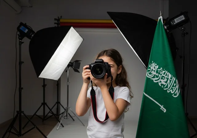 استخدام كاميرات رقمية عالية الدقة, الطموح في تحقيق الآمال والأمنيات، ممارسة هواية التصوير, طفلة عربية خليجية سعودية ترتدي كنزة بيضاء تمسك بيدها كاميرا فوتوغرافية, مصور محترف يقوم بالتقاط صور تذكارية, في الخلفية استوديو تصوير وعلم المملكة العربية السعودية