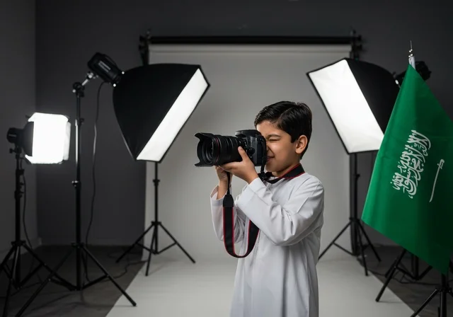 ممارسة هواية التصوير, استخدام كاميرات رقمية عالية الدقة, الطموح في تحقيق الآمال والأمنيات، طفل عربي خليجي سعودي يرتدي ثوب أبيض يمسك بيده كاميرا فوتوغرافية, مصور محترف يقوم بالتقاط صور تذكارية, في الخلفية استوديو تصوير وعلم المملكة العربية السعودية