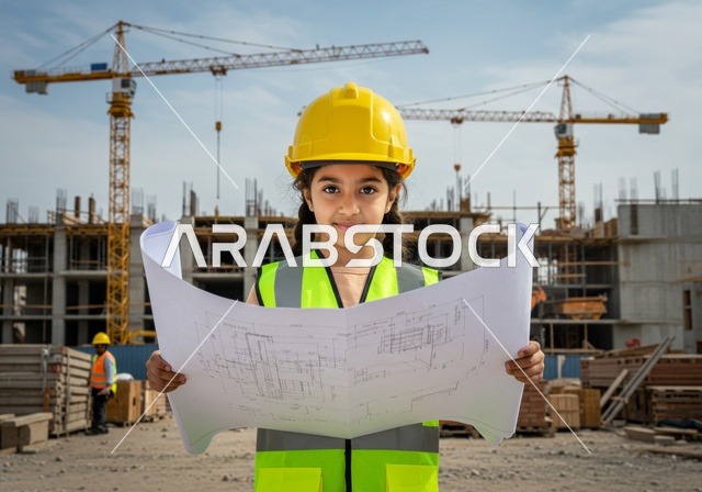 Holding construction plans and engineering measuring tools, allowing children to experiment with future professions from a young age, embodying the experience of working in the engineering field, a Saudi Gulf Arab girl wearing a vest and safety helmet stands at a construction site looking at the camera with gestures of happiness.