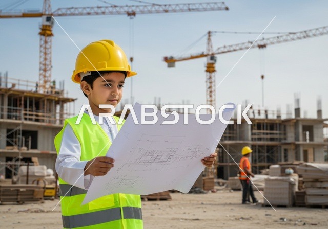 تجريب الأطفال للمهن المستقبلية منذ الصغر،الامساك بمخططات الإعمار وأدوات القياس الهندسية، تجسيد تجربة العمل في المجال الهندسي، طفل عربي خليجي سعودي يرتدي سترة وخوذة الحماية يقف في موقع البناء  يقراء مخطط هندسي، إيماءات التركيز والتفكير