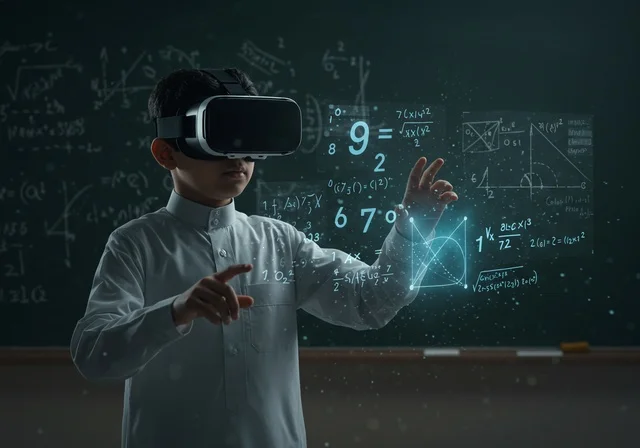 التعلم من خلال تقنيات حديثة، تجريب الأطفال للمهن المستقبلية منذ الصغر، طفل عربي خليجي سعودي يرتدي الثوب الأبيض التقليدي يقف في فصل دراسي يضع نظارة ثلاثية الأبعاد يقوم بقراءة وحل المعادلات الرياضية، خلفية سبورة خضراء، الأشارة إلى شئ ما،إيماءات التركيز والتفكير