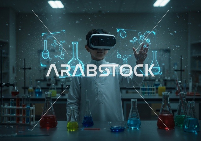 استخدام تقنيات حديثة في التعلم، التعلم الحسي التطبيقي التفاعلي، طفل عربي خليجي سعودي يرتدي الثوب الأبيض التقليدي يقف في مخبر المدرسة يضع نظارة ثلاثية الأبعاد يقوم بقراءة وفهم المحاليل الكيمائية، الأشارة إلى شئ ما، إيماءات التركيز والتفكير