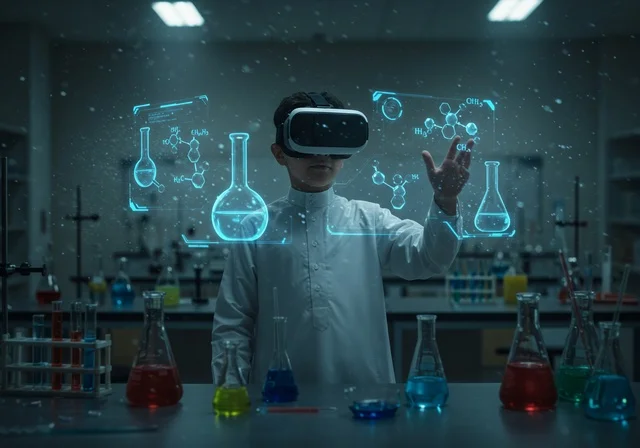 استخدام تقنيات حديثة في التعلم، التعلم الحسي التطبيقي التفاعلي، طفل عربي خليجي سعودي يرتدي الثوب الأبيض التقليدي يقف في مخبر المدرسة يضع نظارة ثلاثية الأبعاد يقوم بقراءة وفهم المحاليل الكيمائية، الأشارة إلى شئ ما، إيماءات التركيز والتفكير