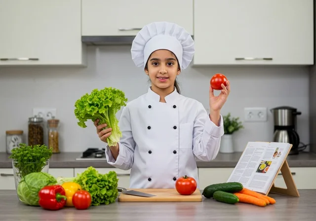 متابعة الخطوات اللازمة من كتاب وصفات الطهي الشهي, فن الطبخ وتحضير الطعام, طفلة عربية خليجيه سعودية ترتدي لباس الطباخ الكامل مع القبعة البيضاء تحمل بيدها مكونات الوصفة, الوقوف داخل مطبخ أبيض، هوايات صغيرة مستقبل كبير