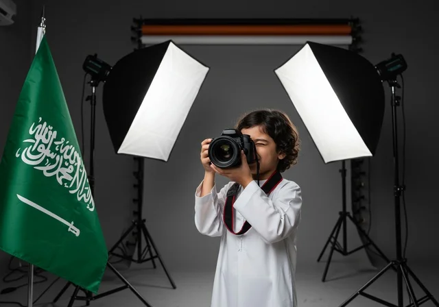 ممارسة هواية التصوير, استخدام كاميرات رقمية عالية الدقة, الطموح في تحقيق الآمال والأمنيات، طفل عربي خليجي سعودي يرتدي ثوب أبيض يمسك بيده كاميرا فوتوغرافية, مصور محترف يقوم بالتقاط صور تذكارية, في الخلفية استوديو تصوير وعلم المملكة العربية السعودية