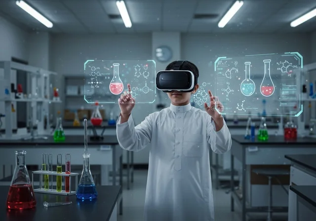 استخدام تقنيات حديثة في التعلم، التعلم الحسي التطبيقي التفاعلي، طفل عربي خليجي سعودي يرتدي الثوب الأبيض التقليدي يقف في مخبر المدرسة يضع نظارة ثلاثية الأبعاد يقوم بقراءة وفهم المحاليل الكيمائية، الأشارة إلى شئ ما، إيماءات التركيز والتفكير