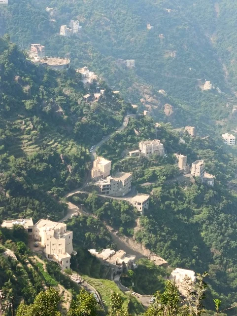 البيوت القديمة الشعبية على جبال فيفاء في جازان جنوب المملكة العربية السعودية، القمم والمرتفعات الصخرية في النهار، مكان ومنطقة سياحية طبيعية، الأشجار والنباتات ومساحات الطبيعة الخضراء، المدرجات الزراعية على السفوح الجبلية