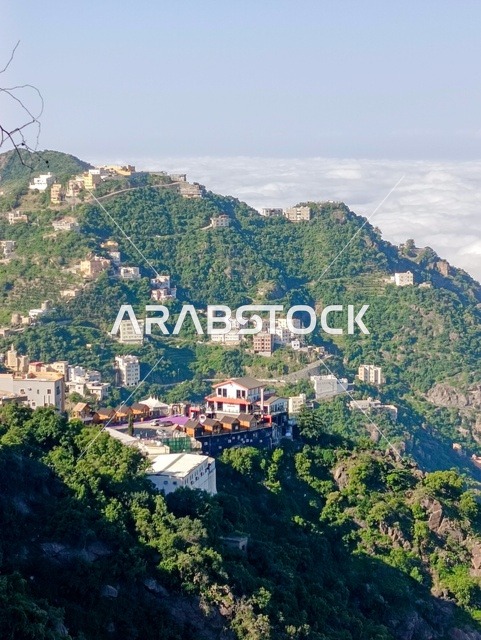 البيوت القديمة الشعبية على جبال فيفاء في جازان جنوب المملكة العربية السعودية، القمم والمرتفعات الصخرية في النهار، مكان ومنطقة سياحية طبيعية، الأشجار والنباتات ومساحات الطبيعة الخضراء، المدرجات الزراعية على السفوح الجبلية