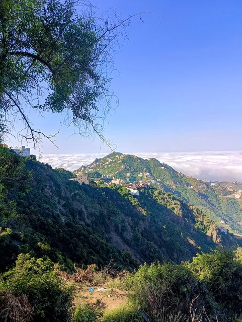 The old traditional houses on the mountains of Faifa in Jazan, southern Saudi Arabia, the peaks and rocky elevations during the day, a natural tourist place and area, the trees and plants and areas of green nature, the agricultural terraces on the mountain slopes.