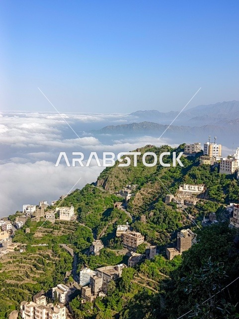 المدرجات الزراعية على السفوح الجبلية، البيوت القديمة الشعبية على جبال فيفاء في جازان جنوب المملكة العربية السعودية، القمم والمرتفعات الصخرية في النهار، مكان ومنطقة سياحية طبيعية، الأشجار والنباتات ومساحات الطبيعة الخضراء