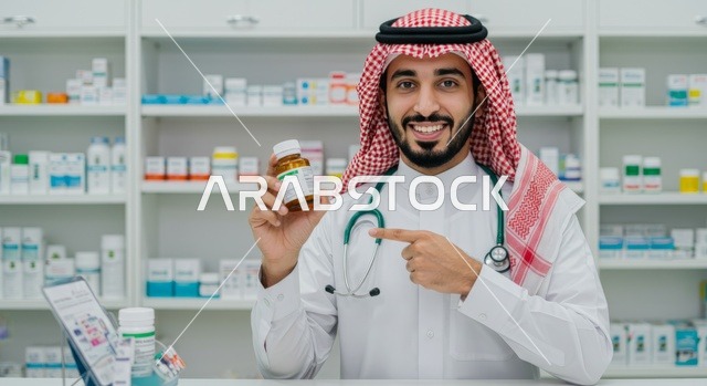 Providing healthcare and prescriptions, providing medications and medical supplies inside the pharmacy, a close-up image of a young Arab Saudi Gulf pharmacist wearing a shemagh and medical uniform holding medication in his hand looking at the camera with expressions of confidence and joy.