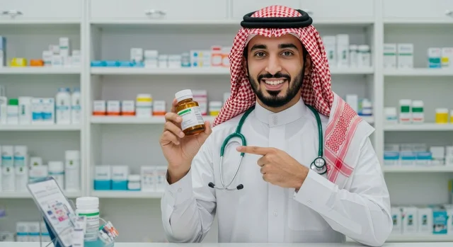 تقديم الرعاية الصحية والوصفات الطبية، تقديم الأدوية والمستلزمات الطبية داخل الصيدلية، صورة مقربة لشاب صيدلاني عربي سعودي خليجي يرتدي الشماغ واليونيفورم الطبي يمسك بيده الدواء ينظر الى الكاميرا بتعابير الثقة والسرور
